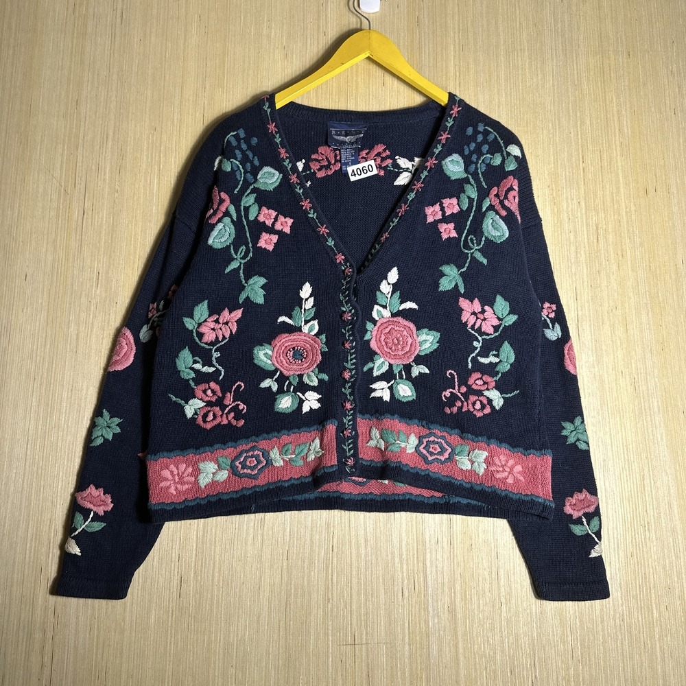 Vintage 90S Flowers Cardigan Navy Blue Floral Button Up Women's Small Roses